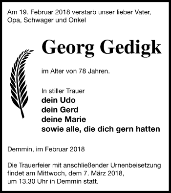 Traueranzeige von Georg Gedigk von Demminer Zeitung