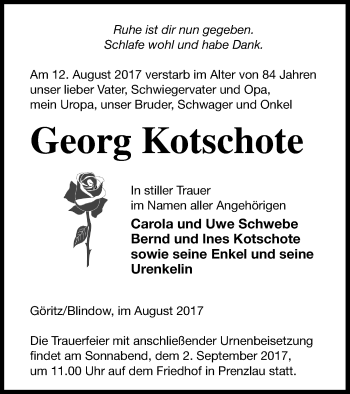 Traueranzeige von Georg Kotschote von Prenzlauer Zeitung