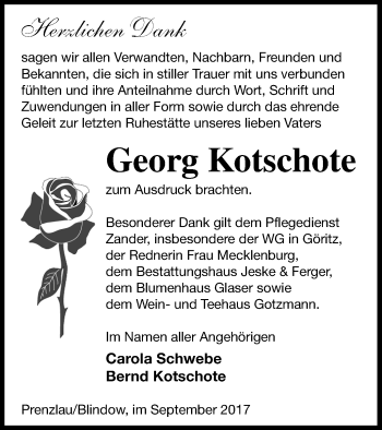 Traueranzeige von Georg Kotschote von Prenzlauer Zeitung