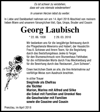 Traueranzeige von Georg Laubisch von Prenzlauer Zeitung