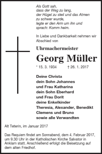 Traueranzeige von Georg Müller von Vorpommern Kurier