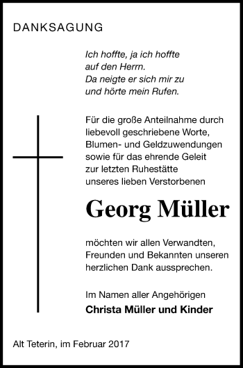 Traueranzeige von Georg Müller von Vorpommern Kurier