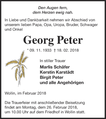 Traueranzeige von Georg Peter von Prenzlauer Zeitung