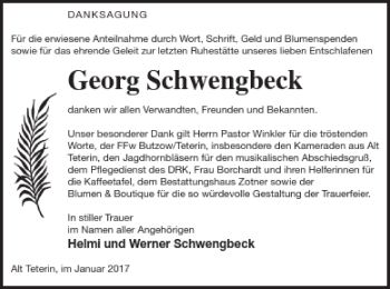 Traueranzeige von Georg Schwengbeck von Vorpommern Kurier