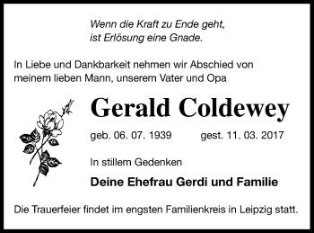 Traueranzeige von Gerald Coldewey von Mecklenburger Schweiz