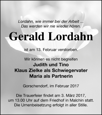 Traueranzeige von Gerald Lordahn von Mecklenburger Schweiz