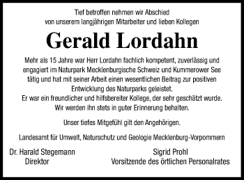 Traueranzeige von Gerald Lordahn von Mecklenburger Schweiz