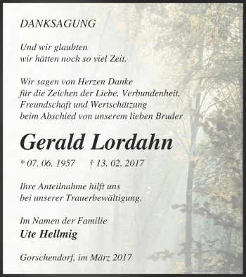 Traueranzeige von Gerald Lordahn von Mecklenburger Schweiz