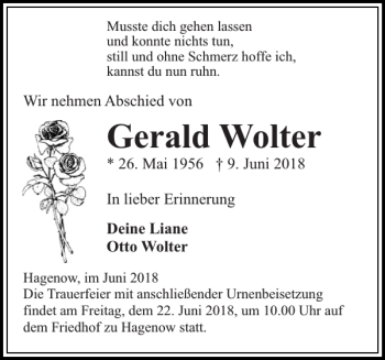 Traueranzeige von Gerald Wolter von Hagenower Kreisblatt