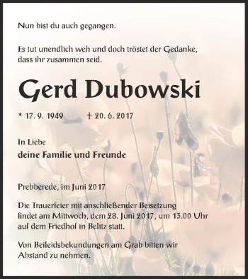 Traueranzeige von Gerd Dubowski von Mecklenburger Schweiz