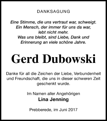 Traueranzeige von Gerd Dubowski von Mecklenburger Schweiz