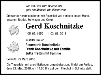 Traueranzeige von Gerd Koschnitzke von Prenzlauer Zeitung