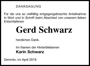 Traueranzeige von Gerd Schwarz von Demminer Zeitung