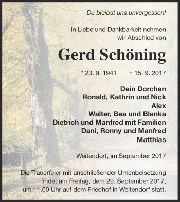 Traueranzeige von Gerd Schöning von Strelitzer Zeitung