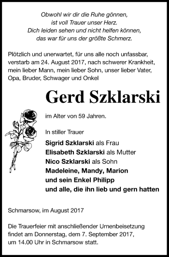 Traueranzeige von Gerd Szklarski von Vorpommern Kurier