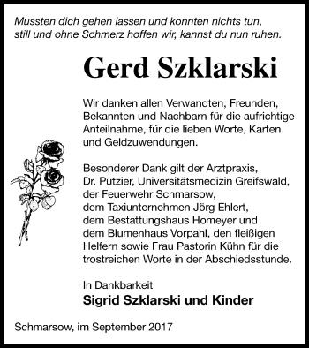 Traueranzeige von Gerd Szklarski von Vorpommern Kurier