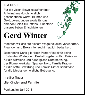 Traueranzeige von Gerd Winter von Pasewalker Zeitung