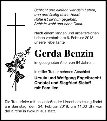 Traueranzeige von Gerda Benzin von Strelitzer Zeitung