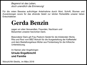 Traueranzeige von Gerda Benzin von Strelitzer Zeitung