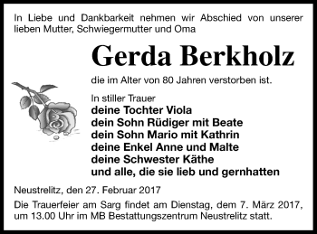 Traueranzeige von Gerda Berkholz von Strelitzer Zeitung