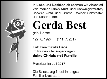 Traueranzeige von Gerda Best von Prenzlauer Zeitung