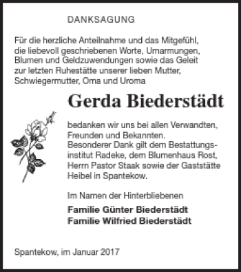 Traueranzeige von Gerda Biederstädt von Vorpommern Kurier