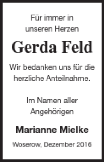 Traueranzeige von Gerda Feld von Vorpommern Kurier