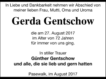 Traueranzeige von Gerda Gentschow von Pasewalker Zeitung