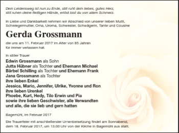 Traueranzeige von Gerda Grossmann von Pasewalker Zeitung