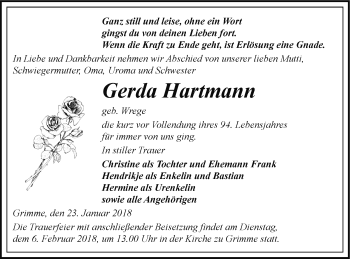 Traueranzeige von Gerda Hartmann von Prenzlauer Zeitung