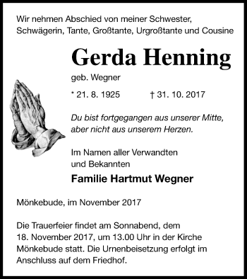 Traueranzeige von Gerda Henning von Vorpommern Kurier