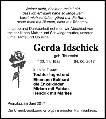 Traueranzeige von Gerda Idschick von Prenzlauer Zeitung