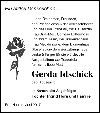 Traueranzeige von Gerda Idschick von Prenzlauer Zeitung