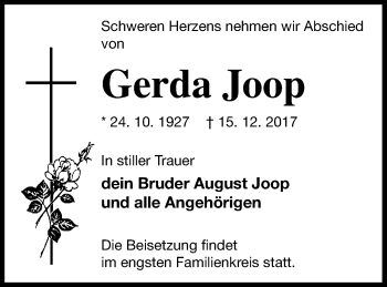 Traueranzeige von Gerda Joop von Mecklenburger Schweiz