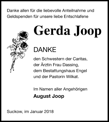 Traueranzeige von Gerda Joop von Mecklenburger Schweiz