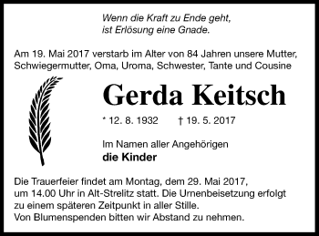 Traueranzeige von Gerda Keitsch von Strelitzer Zeitung