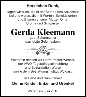 Traueranzeige von Gerda Kleemann von Müritz-Zeitung