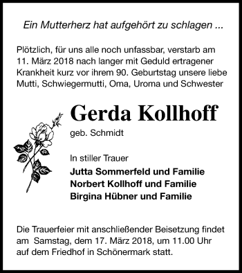 Traueranzeige von Gerda Kollhoff von Prenzlauer Zeitung