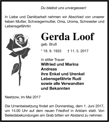 Traueranzeige von Gerda Loof von Vorpommern Kurier