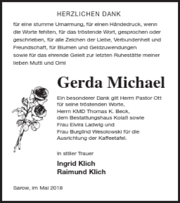 Traueranzeige von Gerda Michael von Demminer Zeitung