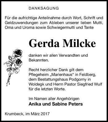 Traueranzeige von Gerda Milcke von Strelitzer Zeitung