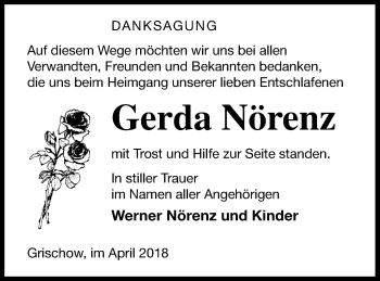 Traueranzeige von Gerda Nörenz von Neubrandenburger Zeitung