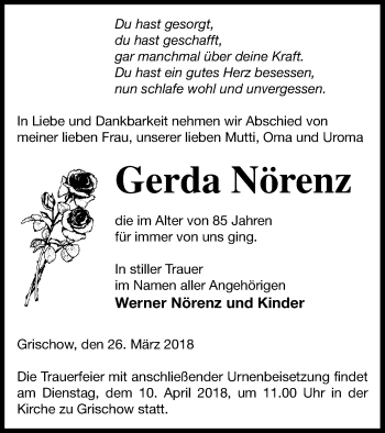 Traueranzeige von Gerda Nörenz von Neubrandenburger Zeitung