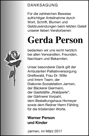 Traueranzeige von Gerda Person von Vorpommern Kurier