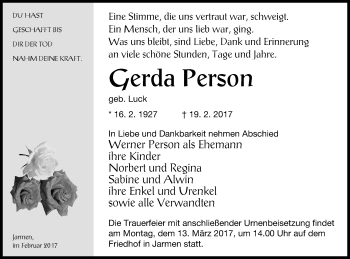 Traueranzeige von Gerda Person von Vorpommern Kurier