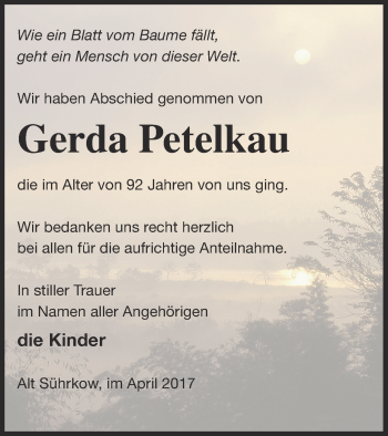 Traueranzeige von Gerda Petelkau von Mecklenburger Schweiz