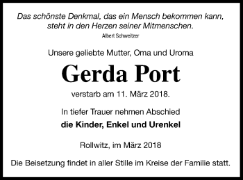 Traueranzeige von Gerda Port von Pasewalker Zeitung