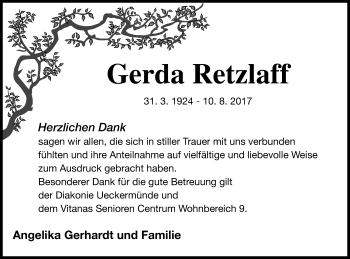 Traueranzeige von Gerda Retzlaff von Haff-Zeitung