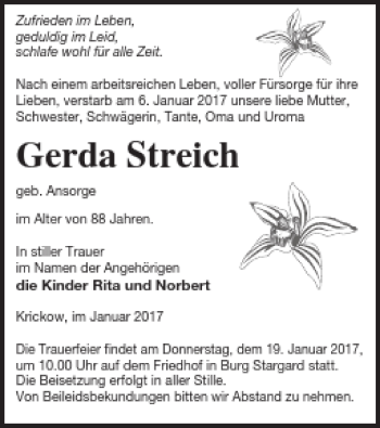 Traueranzeige von Gerda Streich von Neubrandenburger Zeitung