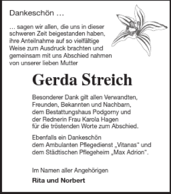 Traueranzeige von Gerda Streich von Neubrandenburger Zeitung